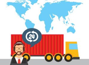 world map with cargo truck vehicle and support man worker with headset. export and import colorful design. vector illustration